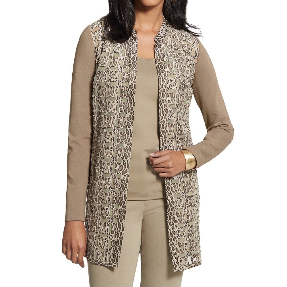 CHICO’s Taupe Leopard Print Mesh Inset Open Front Duster Cardigan - Picture 2 of 16